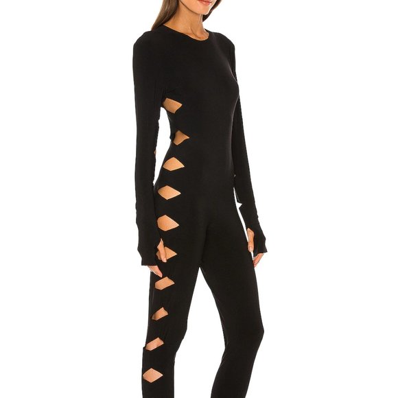 Norma Kamali Pants - NORMA KAMALI Alligator Cut Out Catsuit in Black Long Sleeve Crew Neck Size XL 42